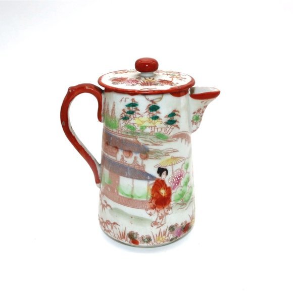 Antique Hand Painted Porcelain Japanese Teapot Circa 1900s Unmarked Geisha Lands - Picture 3 of 10